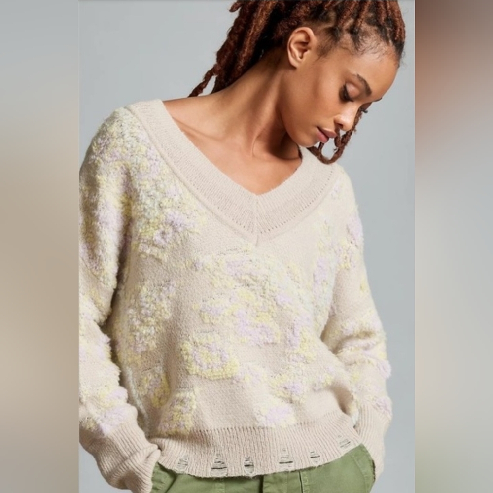 Anthropologie Floral V-Neck Sweater Grey & Purple